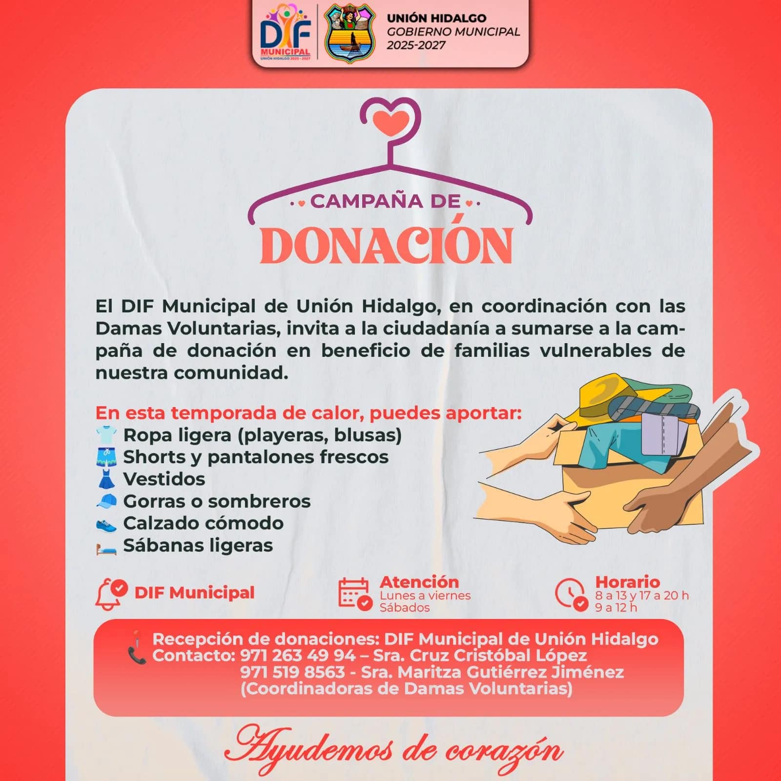 DIF Unión Hidalgo invita a campaña de donación en apoyo a familias vulnerables