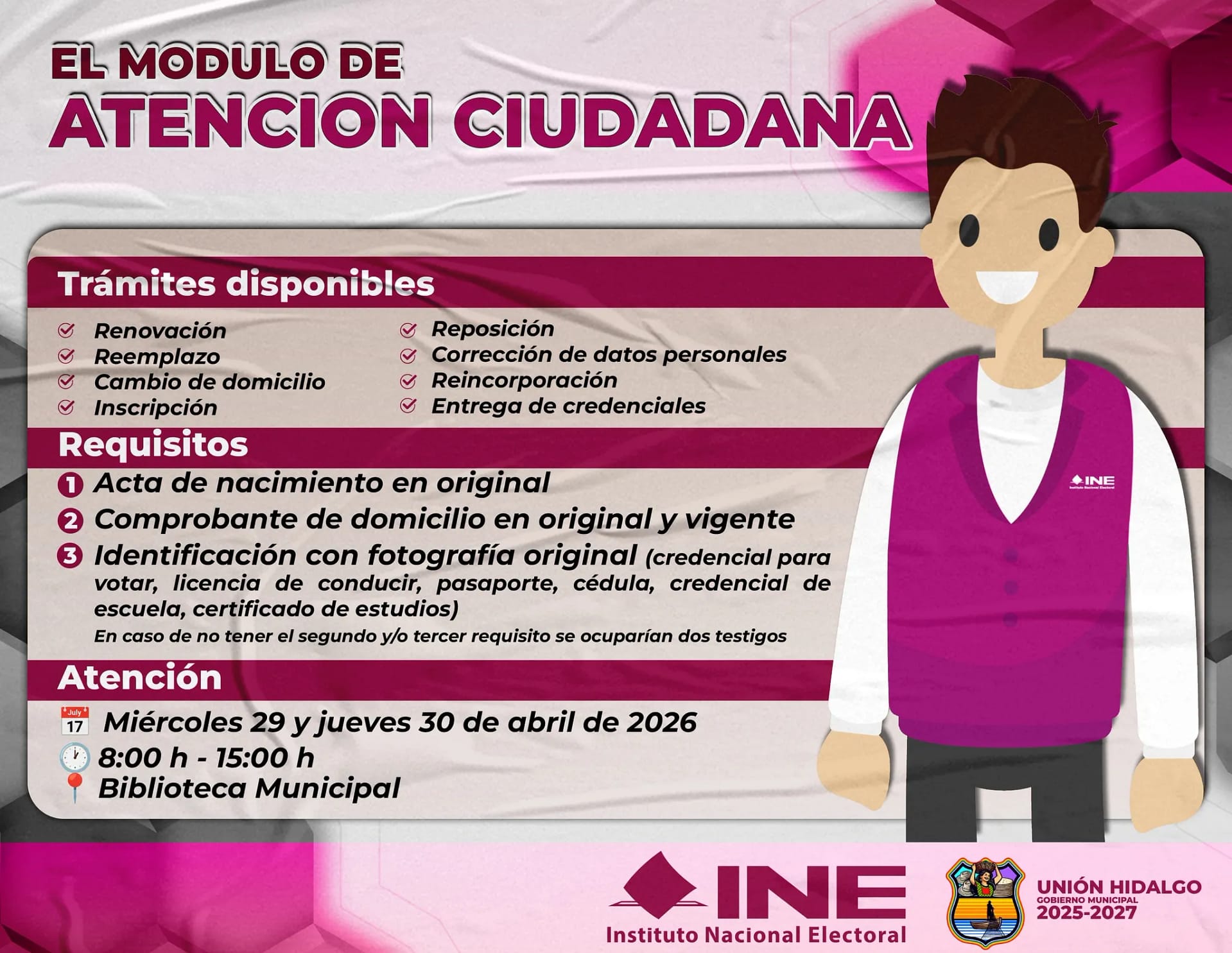 Módulo de Atención Ciudadana llega a Unión Hidalgo para trámites del INE